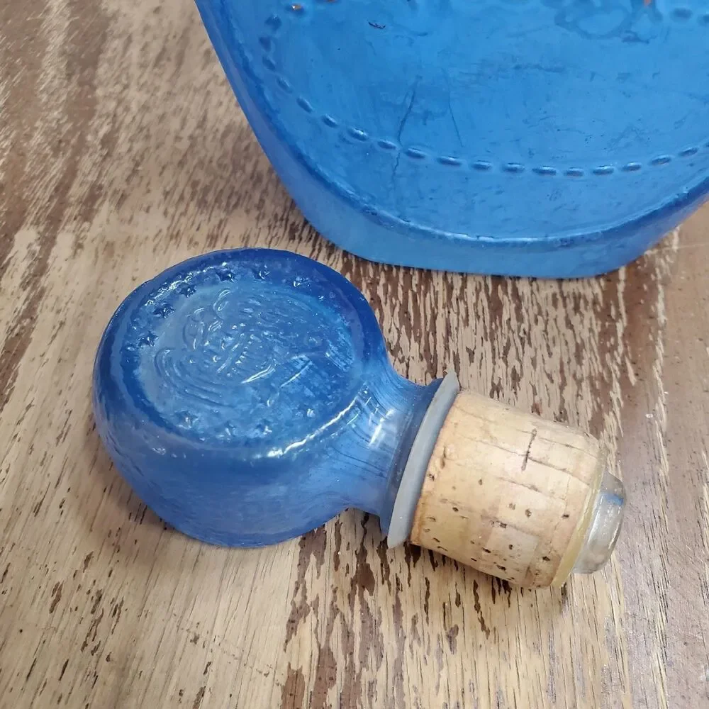 1970 Ezra Brooks Never Surrender Blue Glass Whiskey Bourbon Decanter Bottle
